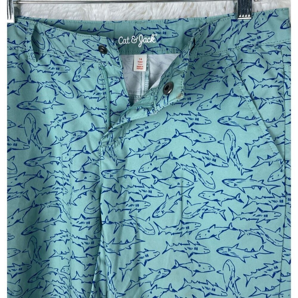 Cat & Jack Boys 14 Husky Quick Dry Button Up Shorts Green Blue Sharks - Picture 5 of 8
